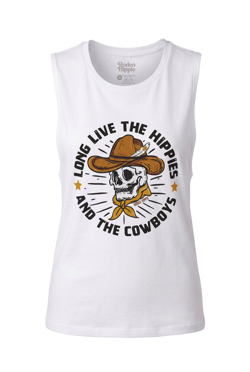 Trestles Clothing Company white cotton muscle tee featuring a retro skull in a cowboy hat graphic print